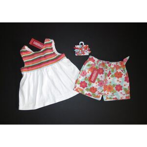Gymboree girl crochet tank top shirt pull on aqua floral shorts barrettes 18-24